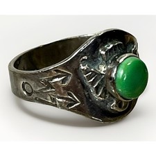 VTG Fred Harvey Era Sterling Silver Thunderbird Ring Green Turquoise Size Sz 5 - Additional view 1