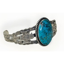 Vintage FRED HARVEY Navajo BIG Turquoise THUNDERBIRD Sterling Bracelet 6.75