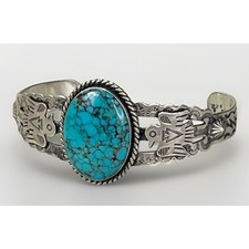 Vintage FRED HARVEY Navajo BIG Turquoise THUNDERBIRD Sterling Bracelet 6.75