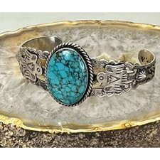 Vintage FRED HARVEY Navajo BIG Turquoise THUNDERBIRD Sterling Bracelet 6.75