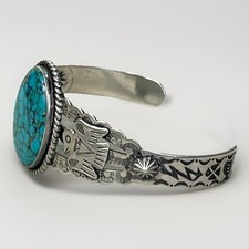 Vintage FRED HARVEY Navajo BIG Turquoise THUNDERBIRD Sterling Bracelet 6.75