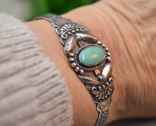 Vintage Navajo Sterling Fred Harvey Turquoise Cuff Bracelet 7 3/8