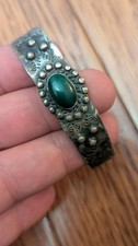 Native American Fred Harvey Era sterling Silver Stamp Green turquoise bracelet