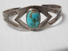 VINTAGE NAVAJO INDIAN 1930s FRED HARVEY INGOT STERLING SILVER TURQUOISE BRACELET - Additional view 1