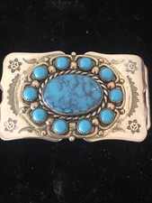 Vintage Bell Trading Post Nickel Silver & Turquoise SW Belt Buckle Fred Harvey