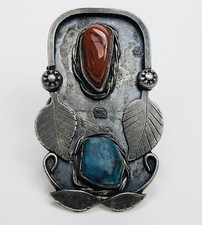 Fred Harvey Era Navajo Sterling Silver Turquoise Coral Feather Stamped Ring 4.25 - Additional view 3