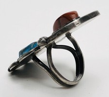 Fred Harvey Era Navajo Sterling Silver Turquoise Coral Feather Stamped Ring 4.25 - Additional view 6