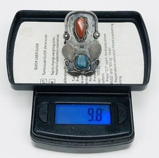 Fred Harvey Era Navajo Sterling Silver Turquoise Coral Feather Stamped Ring 4.25 - Additional view 9