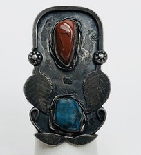 Fred Harvey Era Navajo Sterling Silver Turquoise Coral Feather Stamped Ring 4.25