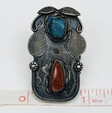 Fred Harvey Era Navajo Sterling Silver Turquoise Coral Feather Stamped Ring 4.25 - Additional view 11