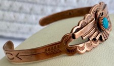 Vintage Fred Harvey Era Copper Turquoise Thunderbird Childs Baby Cuff Bracelet - Additional view 1
