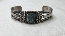 Vintage Fred Harvey Era Navajo Heavy Stamped Sterling Turquoise Cuff Bracelet - Additional view 12
