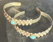 2 Vintage Pawn FRED HARVEY Navajo Sterling Silver Turquoise CUFF BRACELETS Etch - Additional view 1
