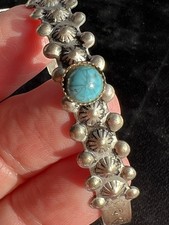 2 Vintage Pawn FRED HARVEY Navajo Sterling Silver Turquoise CUFF BRACELETS Etch - Additional view 3