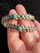 2 Vintage Pawn FRED HARVEY Navajo Sterling Silver Turquoise CUFF BRACELETS Etch