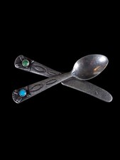 VINTAGE NAVAJO FRED HARVEY ERA TURQUOISE KNIFE SPOON STERLING SILVER BROOCH PIN - Additional view 1