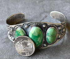 Vintage Fred Harvey Navajo Royston Turquoise & Sterling Dome Cuff 7" wearable