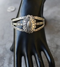 Vintage Navajo Sterling Silver Cuff w/ Shield & Arrow symbols Navajo Fred Harvey