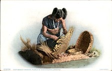 Mishongnavi AZ Native Hopi Indian Woman Basket Weaving 1900s-20s Fred Harvey PC