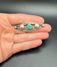 Vintage Southwestern Fred Harvey Era Turquoise Stone Untested Silver Pin Brooch - Additional view 3