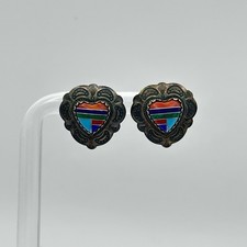 Fred Harvey 925 Sterling Silver Stone Inlay Stamped Heart Post Back Earrings - Additional view 12