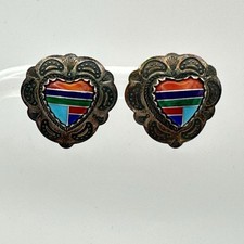 Fred Harvey 925 Sterling Silver Stone Inlay Stamped Heart Post Back Earrings - Additional view 13