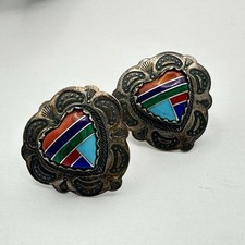 Fred Harvey 925 Sterling Silver Stone Inlay Stamped Heart Post Back Earrings - Additional view 22