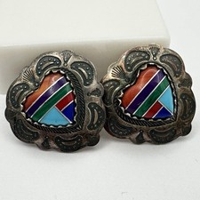 Fred Harvey 925 Sterling Silver Stone Inlay Stamped Heart Post Back Earrings - Additional view 9