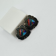 Fred Harvey 925 Sterling Silver Stone Inlay Stamped Heart Post Back Earrings - Additional view 10