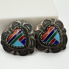 Fred Harvey 925 Sterling Silver Stone Inlay Stamped Heart Post Back Earrings