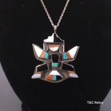 Vintage Fred Harvey Era Zuni Knifewing Pendant Necklace silver Turquoise Coral - Additional view 1
