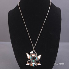 Vintage Fred Harvey Era Zuni Knifewing Pendant Necklace silver Turquoise Coral