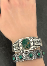 Vintage FRED HARVEY ERA Navajo Turquoise Rattlesnake Sterling  Bracelet 6.75 in - Additional view 1