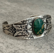 Vintage FRED HARVEY ERA Navajo Turquoise Rattlesnake Sterling  Bracelet 6.75 in - Additional view 2