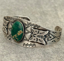 Vintage FRED HARVEY ERA Navajo Turquoise Rattlesnake Sterling  Bracelet 6.75 in - Additional view 3