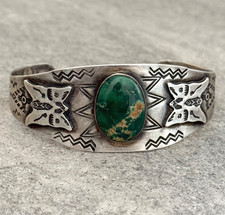 Vintage FRED HARVEY ERA Navajo Turquoise Rattlesnake Sterling Bracelet 6.75 in