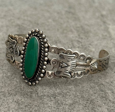 FRED HARVEY ERA Navajo Turquoise Thunderbird Scalloped Sterling Bracelet 6.75 in - Additional view 3