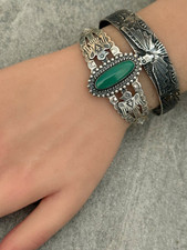 FRED HARVEY ERA Navajo Turquoise Thunderbird Scalloped Sterling Bracelet 6.75 in - Additional view 4