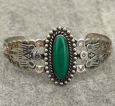 FRED HARVEY ERA Navajo Turquoise Thunderbird Scalloped Sterling Bracelet 6.75 in