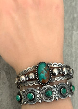 FRED HARVEY ERA Navajo Green Turquoise CONCHO DOME BIRDS Sterling Bracelet 7 in - Additional view 1