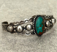 FRED HARVEY ERA Navajo Green Turquoise CONCHO DOME BIRDS Sterling Bracelet 7 in - Additional view 2