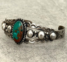 FRED HARVEY ERA Navajo Green Turquoise CONCHO DOME BIRDS Sterling Bracelet 7 in - Additional view 3