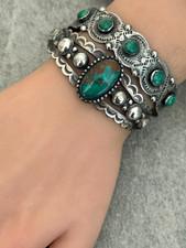 FRED HARVEY ERA Navajo Green Turquoise CONCHO DOME BIRDS Sterling Bracelet 7 in - Additional view 4