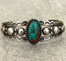 FRED HARVEY ERA Navajo Green Turquoise CONCHO DOME BIRDS Sterling Bracelet 7 in