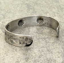 RARE FRED HARVEY ERA Navajo WHIRLING LOG Bow & Arrow OWL Silver Bracelet 6.6 in - Additional view 6