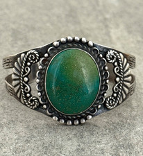 Vintage 30's Fred Harvey Era Navajo BIG Turquoise Sterling Bracelet 52.5g 7 in