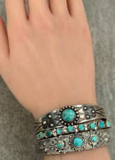 FRED HARVEY ERA Navajo Turquoise ARROWS Fluted Button Silver Bracelet 6.75 in - Additional view 1