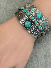 FRED HARVEY ERA Navajo Turquoise ARROWS Fluted Button Silver Bracelet 6.75 in - Additional view 4