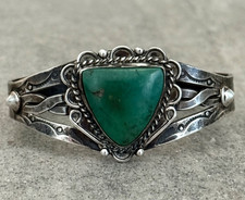 Vintage FRED HARVEY ERA Navajo Turquoise Twisted Rope Silver Bracelet 6.6 in