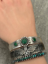 Old  Fred Harvey Era  Navajo 3 Cerrillos Turquoise sterling Bracelet 6.9 in - Additional view 1